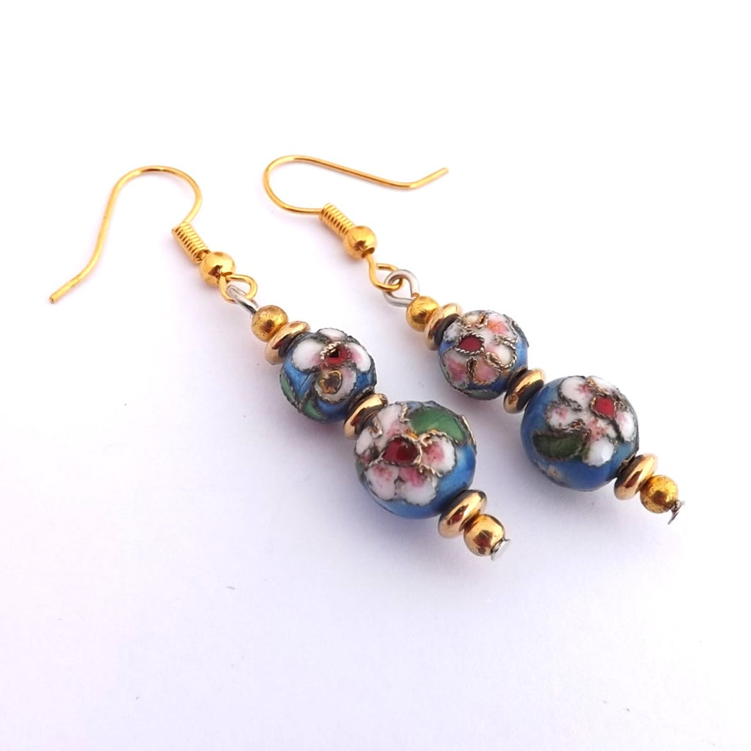 Blue & Gold Floral Cloisonne Bead Earrings