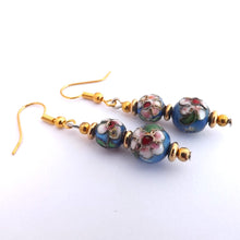 Load image into Gallery viewer, Blue &amp; Gold Floral Cloisonne Bead Earrings
