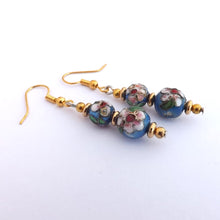 Load image into Gallery viewer, Blue &amp; Gold Floral Cloisonne Bead Earrings
