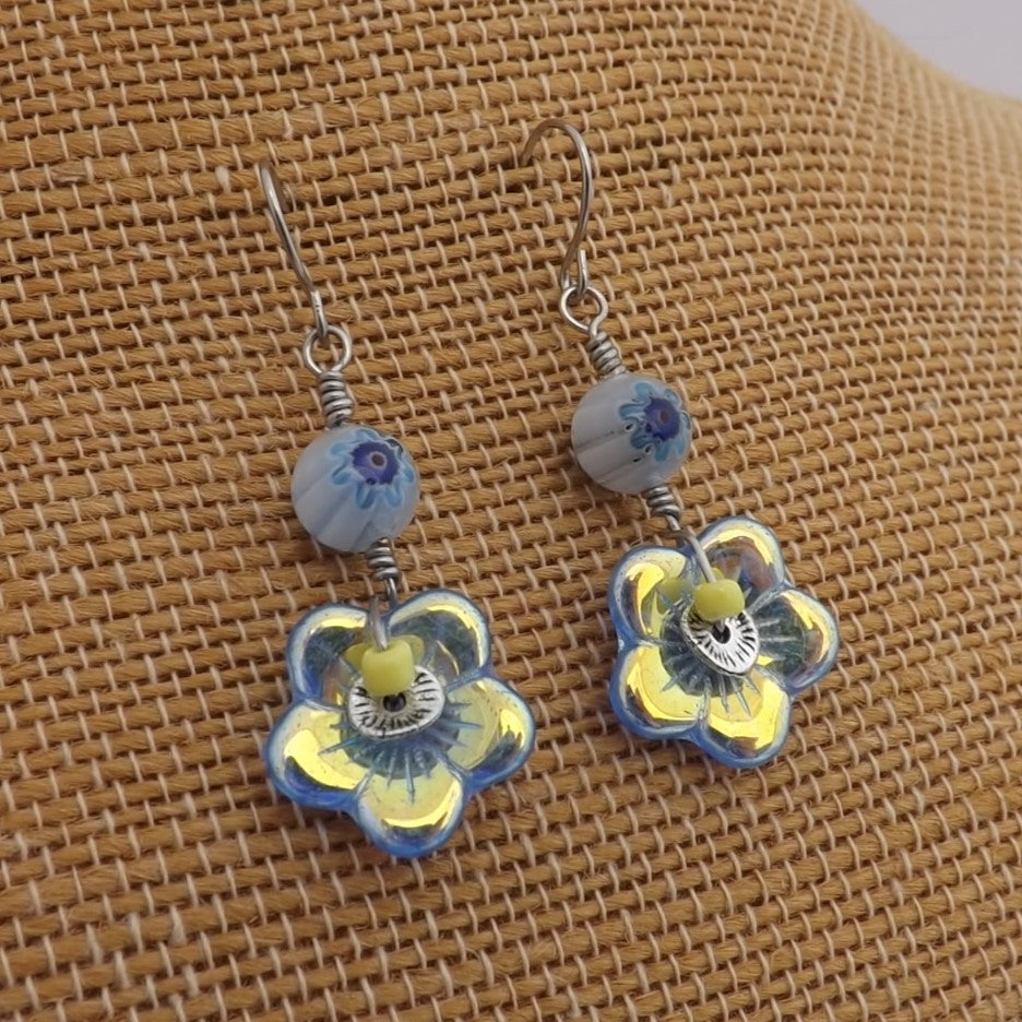 Blue & Gold Flower Handmade Bead Earrings