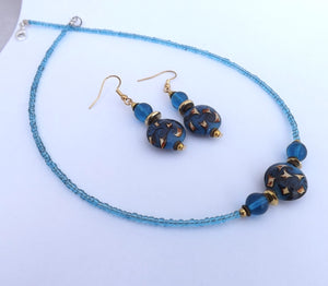 Blue & Gold Handmade Bead Necklace & Earrings Set