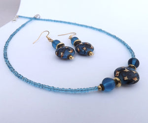 Blue & Gold Handmade Bead Necklace & Earrings Set