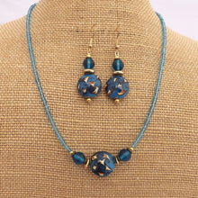 Load image into Gallery viewer, Blue &amp; Gold Handmade Bead Necklace &amp; Earrings Set
