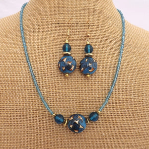 Blue & Gold Handmade Bead Necklace & Earrings Set