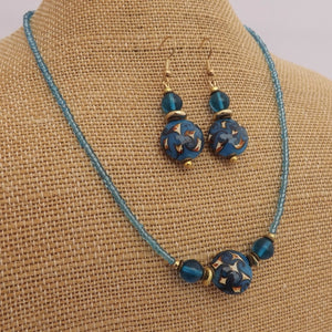 Blue & Gold Handmade Bead Necklace & Earrings Set