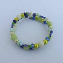 Load image into Gallery viewer, Blue &amp; Green Handmade Glass Bead Memory Wire Bracelet
