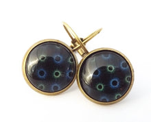Load image into Gallery viewer, Blue &amp; Green Pattern on Black - Dome Earrings on Lever back hooks
