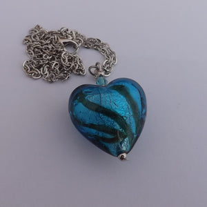 Blue & Green Glass Foil Heart Bead Pendant Necklace