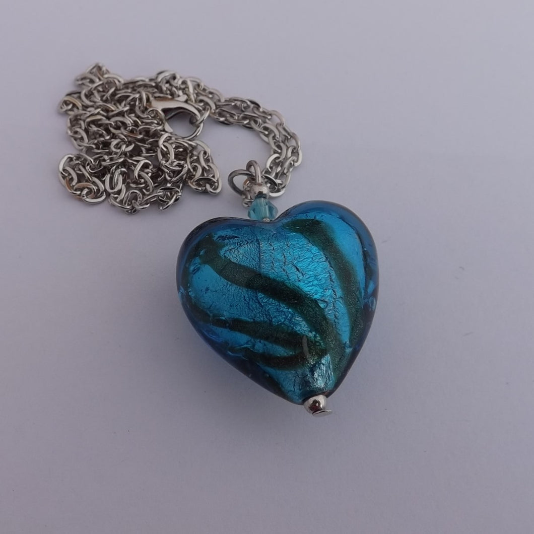 Blue & Green Glass Foil Heart Bead Pendant Necklace