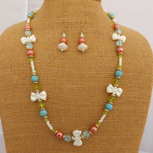 Load image into Gallery viewer, Blue, Green, Orange &amp; Off White Handmade Bow Bead Necklace &amp; Earrings Set
