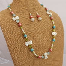 Load image into Gallery viewer, Blue, Green, Orange &amp; Off White Handmade Bow Bead Necklace &amp; Earrings Set
