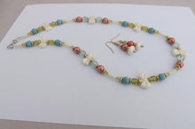 Load image into Gallery viewer, Blue, Green, Orange &amp; Off White Handmade Bow Bead Necklace &amp; Earrings Set
