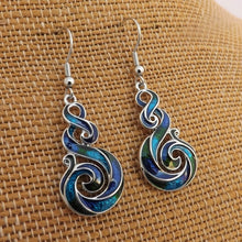 Load image into Gallery viewer, Blue, Green, Purple &amp; Silver Tone Hook Koru Earrings
