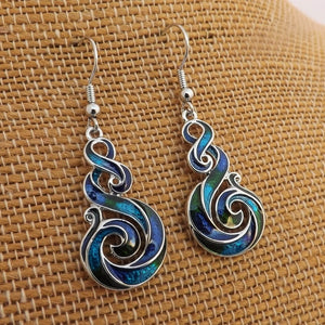 Blue, Green, Purple & Silver Tone Hook Koru Earrings