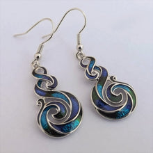 Load image into Gallery viewer, Blue, Green, Purple &amp; Silver Tone Hook Koru Earrings
