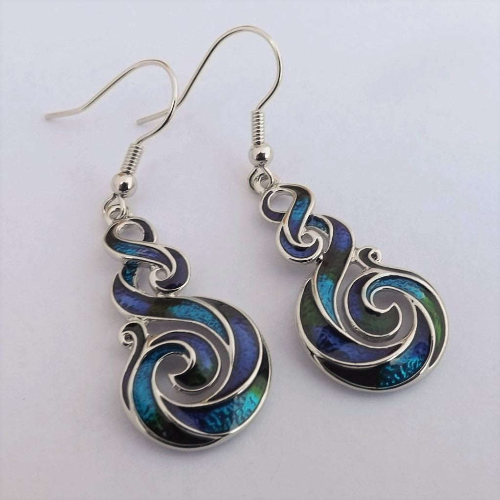 Blue, Green, Purple & Silver Tone Hook Koru Earrings