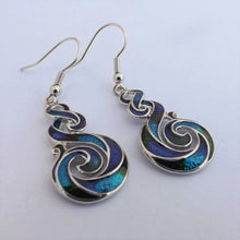 Load image into Gallery viewer, Blue, Green, Purple &amp; Silver Tone Hook Koru Earrings
