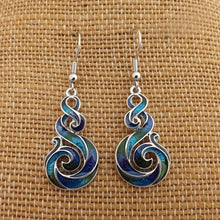 Load image into Gallery viewer, Blue, Green, Purple &amp; Silver Tone Hook Koru Earrings
