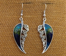 Load image into Gallery viewer, Blue, Green, Purple &amp; Silver Tone Silver Fern Drop Earrings
