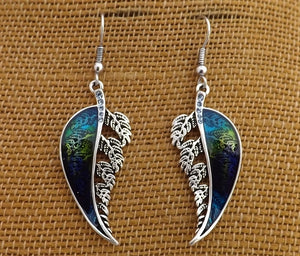 Blue, Green, Purple & Silver Tone Silver Fern Drop Earrings