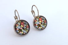 Load image into Gallery viewer, Blue, Green &amp; Red Floral Dome Earrings on Lever back hooks
