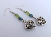 Load image into Gallery viewer, Blue, Green &amp; Silver Tone Handmade Heart Bead Drop Earrings
