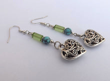 Load image into Gallery viewer, Blue, Green &amp; Silver Tone Handmade Heart Bead Drop Earrings
