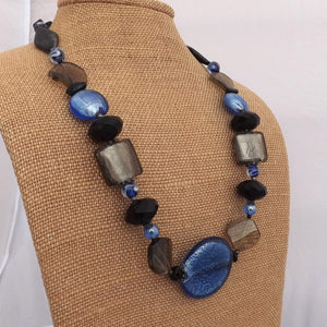 Blue & Grey Chunky Foil Handmade Glass Bead Necklace (Made in NZ)