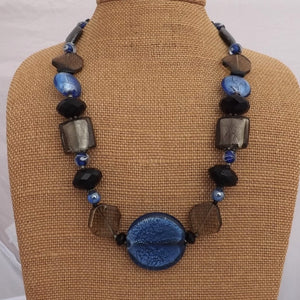 Blue & Grey Chunky Foil Handmade Glass Bead Necklace (Made in NZ)