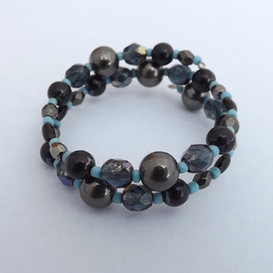 Blue, Grey & Black Handmade Small Memory Wire Bead Bracelet