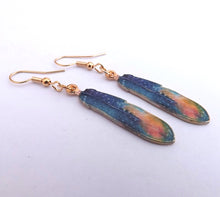 Load image into Gallery viewer, Blue, Orange &amp; Gold Tone Feather Drop Earrings
