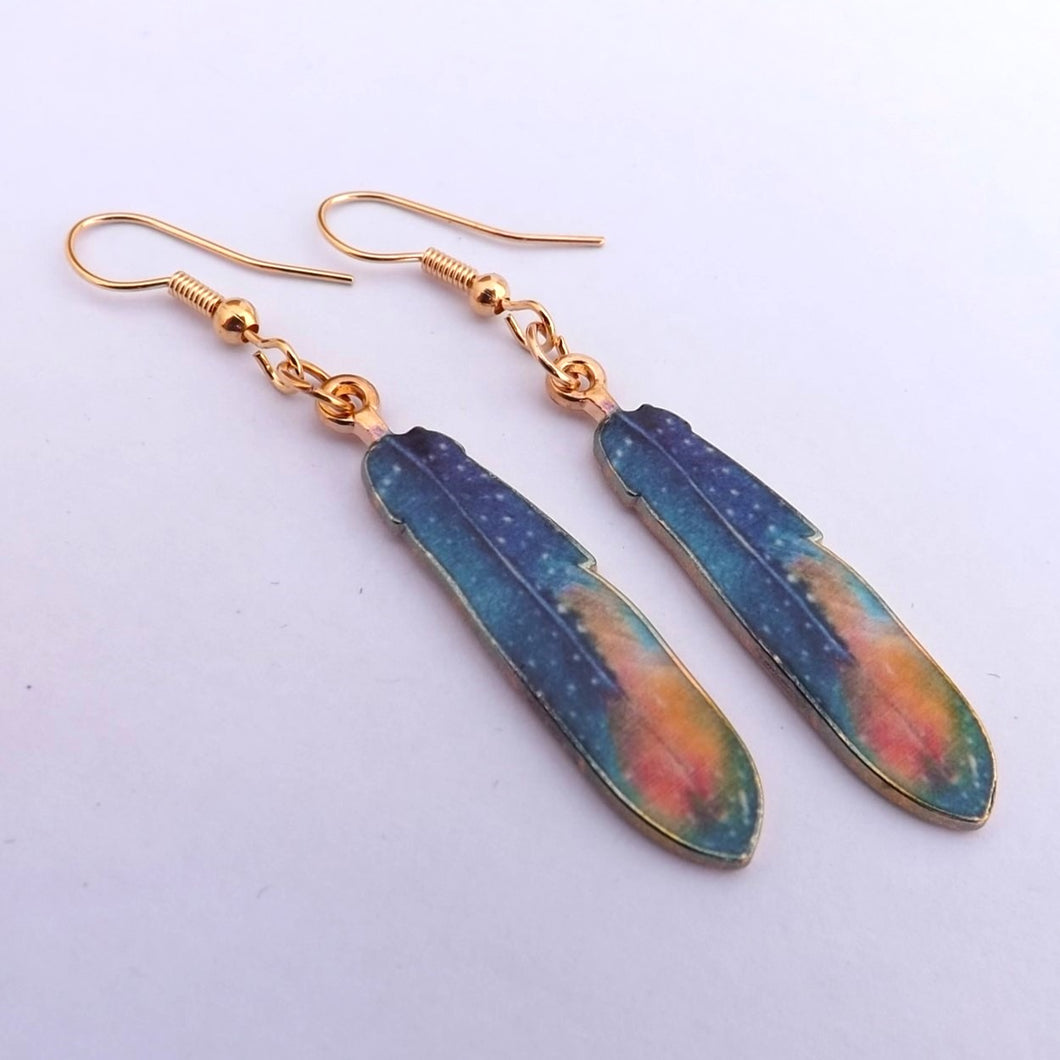 Blue, Orange & Gold Tone Feather Drop Earrings
