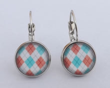 Load image into Gallery viewer, Blue, Orange &amp; White Checkered Dome Earrings on Lever Back Hooks
