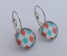 Load image into Gallery viewer, Blue, Orange &amp; White Checkered Dome Earrings on Lever Back Hooks
