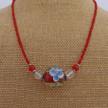 Load image into Gallery viewer, Blue &amp; Pink Flowers on Red Glass Bead, Handmade Necklace
