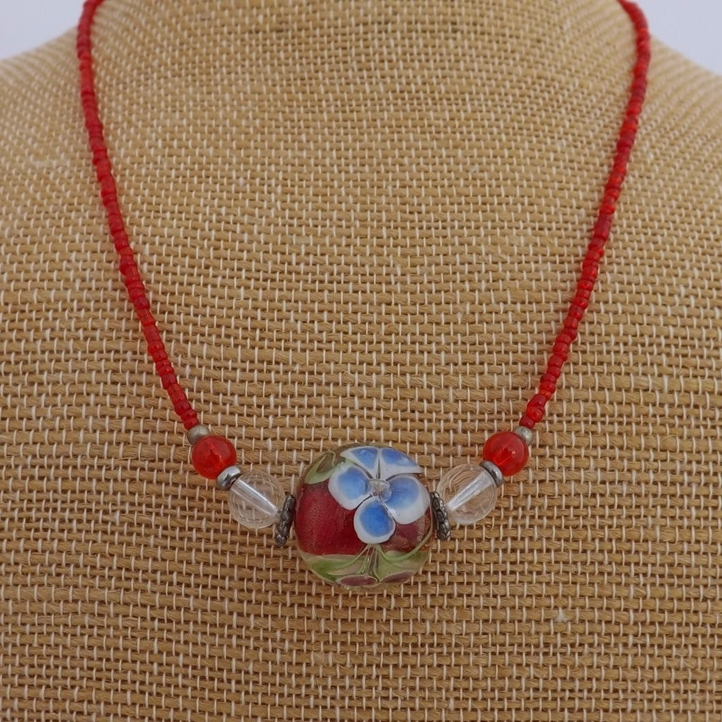 Blue & Pink Flowers on Red Glass Bead, Handmade Necklace