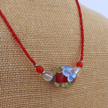 Load image into Gallery viewer, Blue &amp; Pink Flowers on Red Glass Bead, Handmade Necklace
