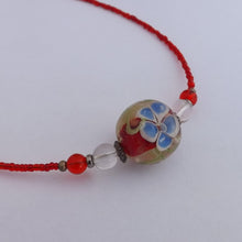Load image into Gallery viewer, Blue &amp; Pink Flowers on Red Glass Bead, Handmade Necklace
