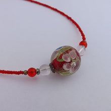 Load image into Gallery viewer, Blue &amp; Pink Flowers on Red Glass Bead, Handmade Necklace
