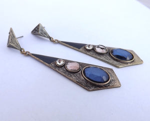 Blue, Pink & Old Gold Tone Stud Drop Earrings