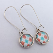 Load image into Gallery viewer, Blue, Pink &amp; White Checkered  Dome Earrings on Long Kidney Hooks
