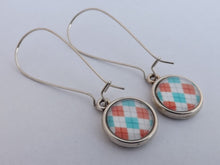 Load image into Gallery viewer, Blue, Pink &amp; White Checkered  Dome Earrings on Long Kidney Hooks
