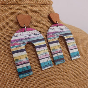 Blue, Pink & Yellow Faux Leather & Wood Drop Earrings