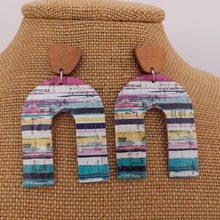 Load image into Gallery viewer, Blue, Pink &amp; Yellow Faux Leather &amp; Wood Drop Earrings
