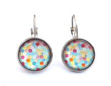 Load image into Gallery viewer, Blue, Pink &amp; Yellow Pattern Dome Earrings on Lever Back Hooks
