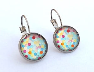 Blue, Pink & Yellow Pattern Dome Earrings on Lever Back Hooks