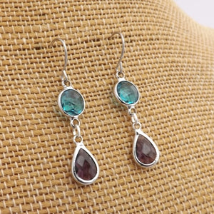 Blue & Purple, Silver Tone Drop Earrings