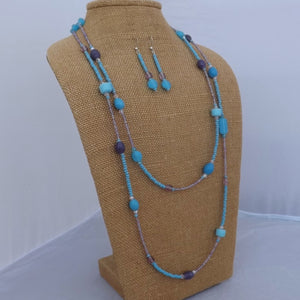 Blue & Purple Handmade Glass Bead Necklace & Earrings Set