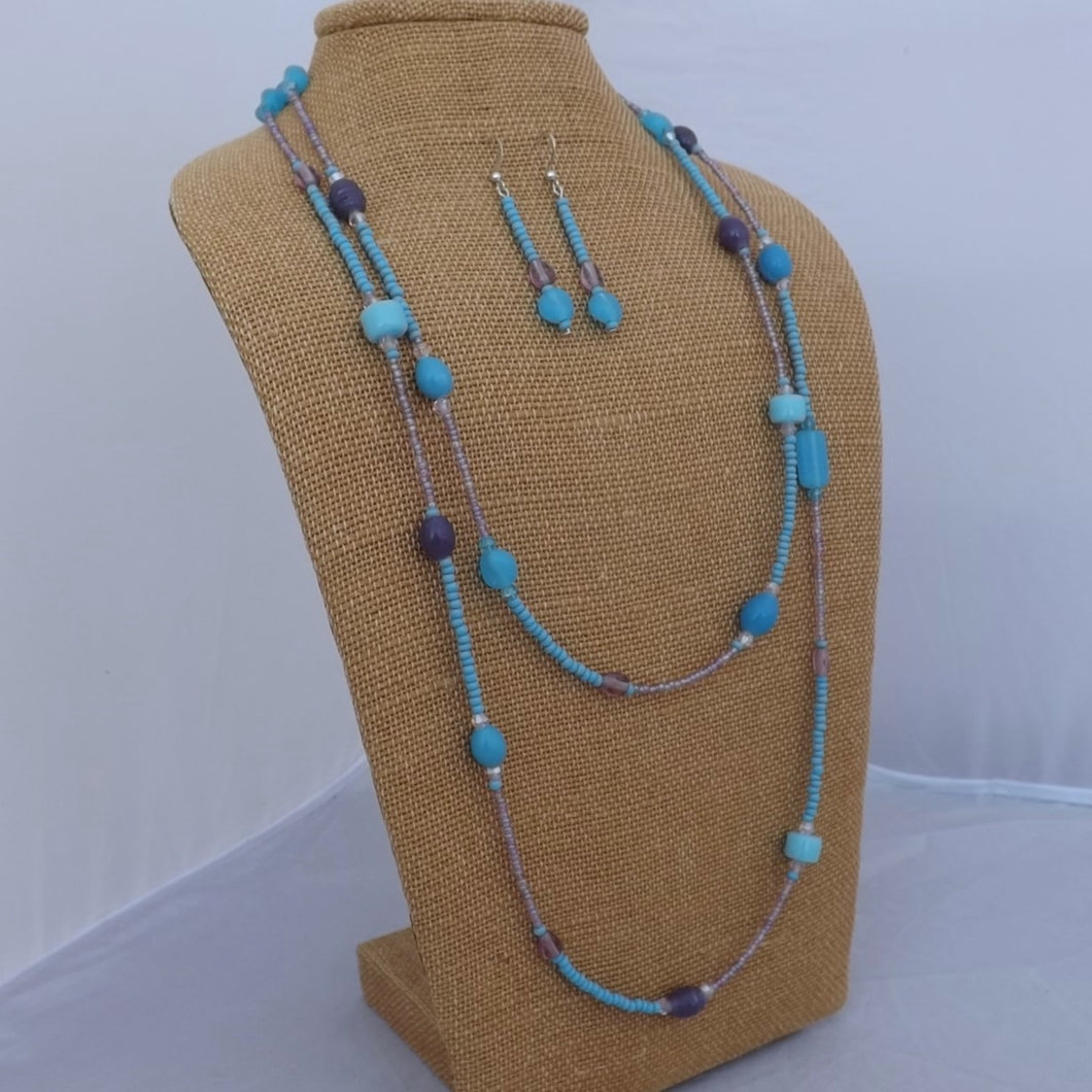 Blue & Purple Handmade Glass Bead Necklace & Earrings Set