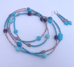 Blue & Purple Handmade Glass Bead Necklace & Earrings Set